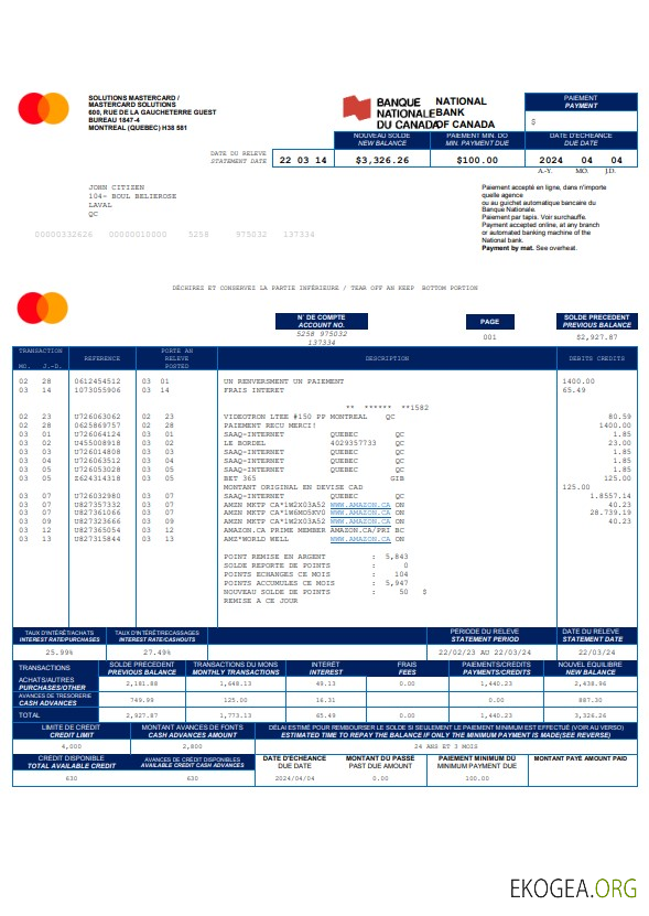 Modèle Word et PDF de relevé bancaire de la Banque nationale du Canada
